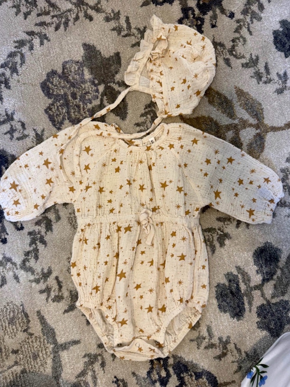Cream Star-Print Baby One-Piece with Matching Bonnet